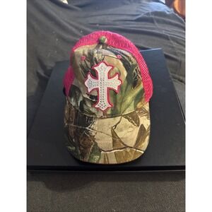 Infinity Headwear -Camouflage /Pink Rhinestone Cross Trucker Vel-cro back Cap